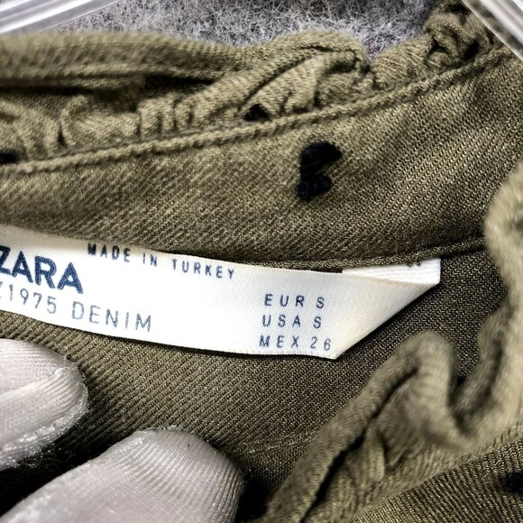 Zara Long Sleeve Blouse Womens S Olive Green High Neck Keyhole Swiss Dot - Picture 8 of 9